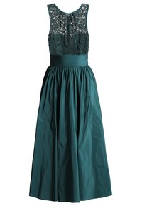 Turches Kleid mit einer Spitzenoberteile, ärmellosem Design und einem voluminösen, gerafften Rock mit einem Satinbund. Glatte Textur und klassische Silhouette.