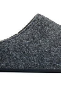 Gray felt slipper with a rounded top, soft texture, and a smooth black sole. The exterior features a fuzzy, wool-like surface.