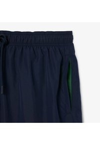 Costumi da bagno blu navy con vita elastica e coulisse; tasche laterali foderate in tessuto verde; materiale leggero e dalla trama liscia.