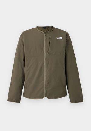 Lagani maslinasto zeleni sako s prednjim patentnim zatvaračem i logotipom The North Face na gornjem lijevom dijelu prsa, bez ovratnika, dugi rukavi.