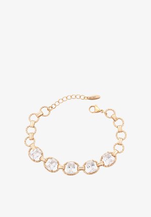 Náramek ve zlatém tónu s pěti obdélníkovými průhlednými krystaly v ozdobných montážích, propojenými texturovanými kulatými a hladkými oválnými kovovými články.