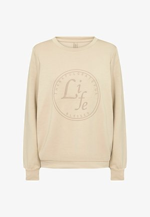Beiger Sweatshirt mit langen Ärmeln und rundem Kragen. Verfügt über ein kreisförmiges, bedrucktes Textdesign mit der Aufschrift "Dankbar, Zufrieden, Gesegnet, Leben."
