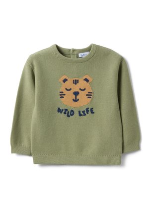 Pull tricoté vert pour enfant avec un visage de tigre endormi et le texte "WILD LIFE" sur le devant.