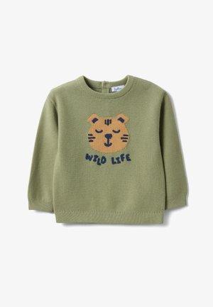 Grüner, gestrickter Kinderpullover mit einem schläfrigen Tigerkopf und dem Schriftzug "WILD LIFE" auf der Vorderseite.