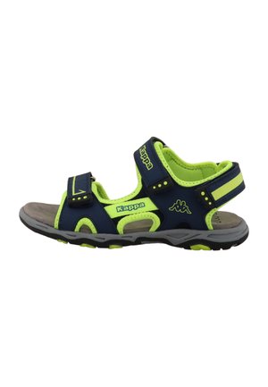 Sandalo Kappa blu navy e verde neon con cinturini regolabili e suola imbottita, progettato per uso esterno e casual.