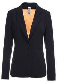 Černý blazer z hladké tkaniny, s klopovým límcem, zapínáním na jeden knoflík a oranžovou saténovou podšívkou. Dvoje přední kapsy.