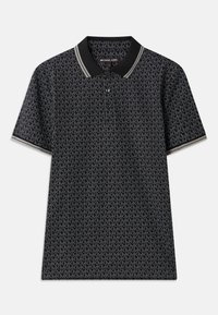 Polo noir arborant un motif répété "MK", à manches courtes, avec trois boutons au col et un contraste à rayures sur le col.