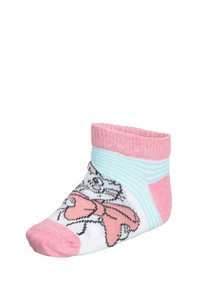Calzini alla caviglia per bambini in bianco con dettagli rosa e una fascia a righe blu. Presentano un motivo stampato di un gatto con un fiocco rosa. Tessuto morbido a maglia.