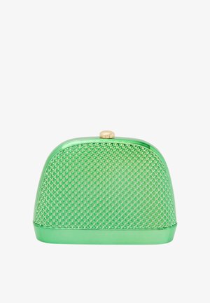 Zöld műanyag pénztárca, texturált, méhsejt mintázattal. Lekerekített teteje és arany csattja van. Simább felület, fényes fényű.