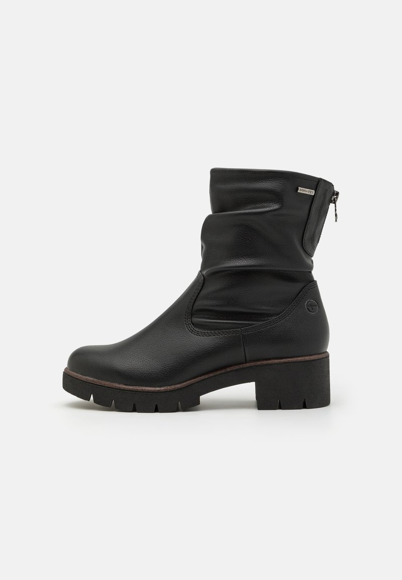 Cizmă de gleznă din piele neagră cu design plisat, fermoar lateral, toc bloc, blastă texturată și talpă din cauciuc cu model de aderență.