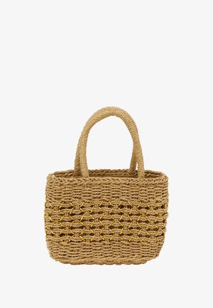 Borsa in paglia intrecciata con due manici, caratterizzata da una forma rettangolare, colore beige naturale e accenti decorativi in tonalità dorata.