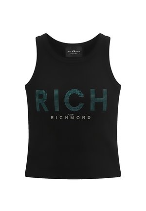 Top nero senza maniche corto con "RICH" in puntini blu e "John Richmond" in testo bianco sul davanti, prodotto in Italia.