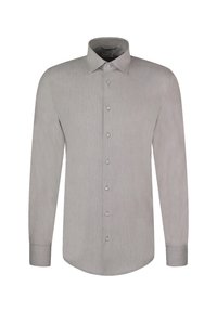 Camicia grigia chiaro a maniche lunghe con tessuto strutturato, apertura frontale con bottoni e colletto standard. Presenta sei bottoni e orlo arrotondato.