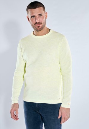Man with short brown hair and beard wearing light yellow sweater and blue jeans, standing against a pale gray background.