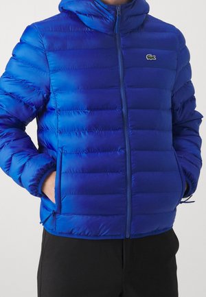 Homme portant une doudoune matelassée bleue avec une capuche et une fermeture éclair frontale, les mains dans les poches latérales, pantalon noir visible.