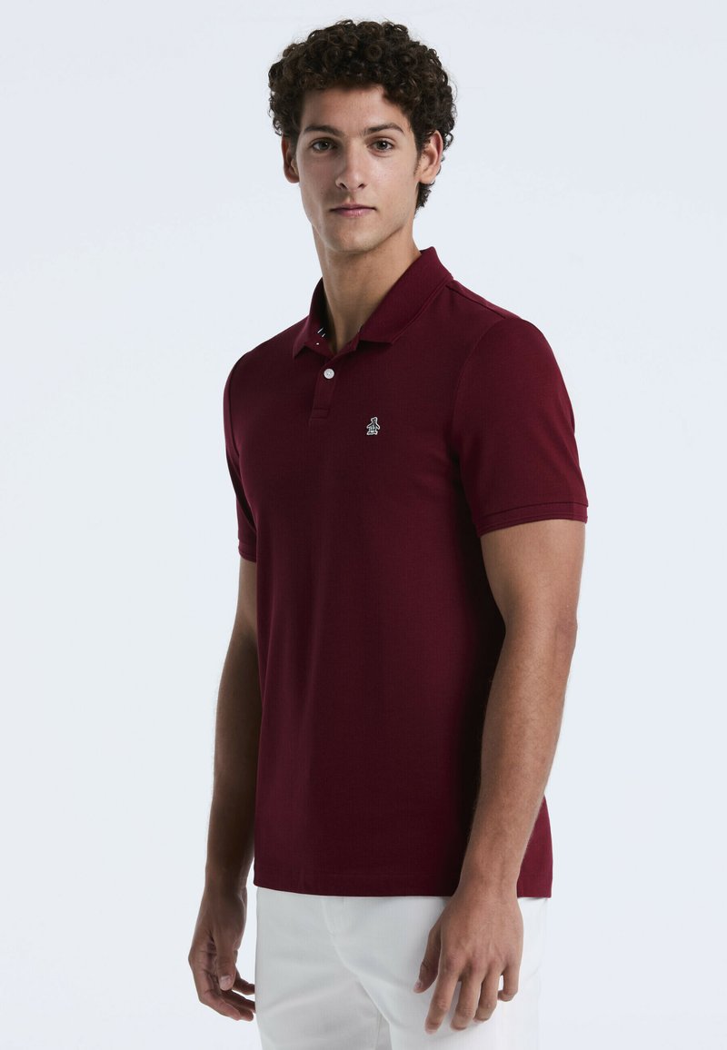 Jonge man met krullend haar in een korte mouwen wijnrood polo shirt en witte broek, staand tegen een effen lichte achtergrond.