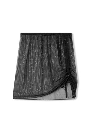 Gonna nera trasparente con dettagli arricciati su un lato, caratterizzata da accenti argentati sparsi. Vita elastica per una vestibilità regolabile.
