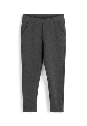 Grau stretch Jogginghosen mit glatter Textur, elastischem Bund und Seitentaschen mit subtilen Rüschendetails. Slim-Fit-Design.