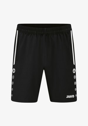 Black athletic shorts with an elastic waistband, side pockets, white accents, and a logo on the left. Features small circular patterns on the side.