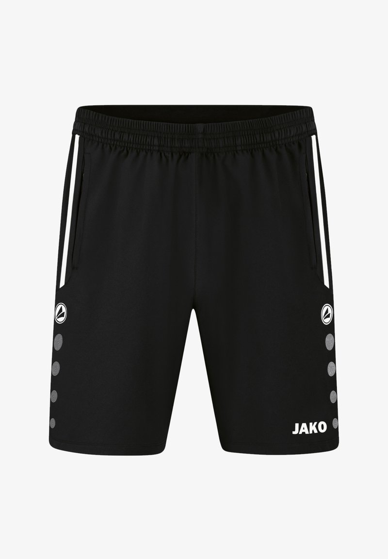 Schwarze Sportshorts mit elastischem Bund, seitlichen Taschen, weißen Akzenten und einem Logo auf der linken Seite. Verfügt über kleine kreisförmige Muster an der Seite.