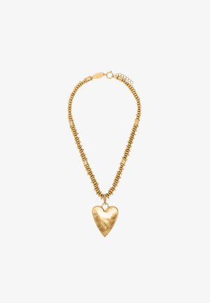 Naszyjnik z koralików w złoconym odcieniu z cylindrycznymi przegrodami i dużym zawieszonym w środku sercem oraz zapięciem na karabińczyk.