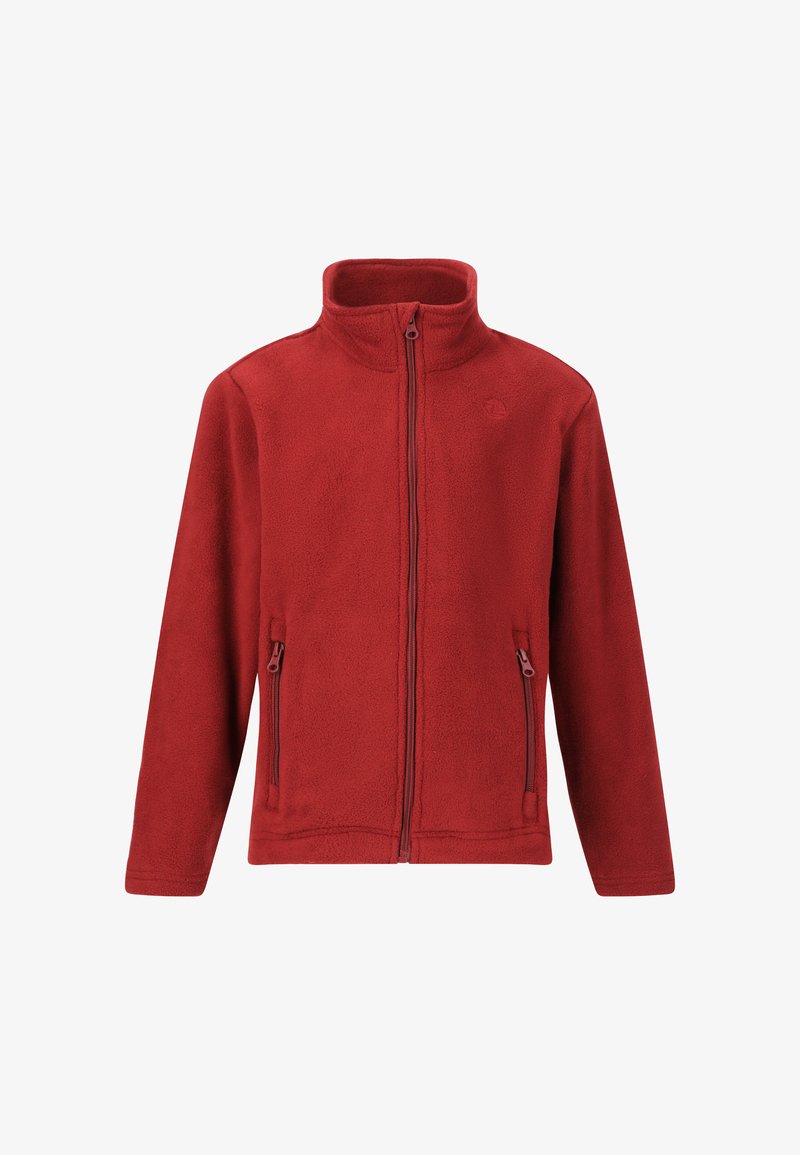 Giacca in pile rossa con colletto alto, zip frontale completa e due tasche laterali con zip. Tessuto liscio, design aderente e senza motivi visibili.