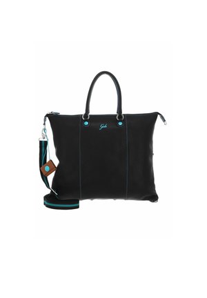 Borsa tote in pelle nera con accenti turchesi, doppie maniglie e tracolla regolabile. Presenta una chiusura con zip e logo sulla parte anteriore.