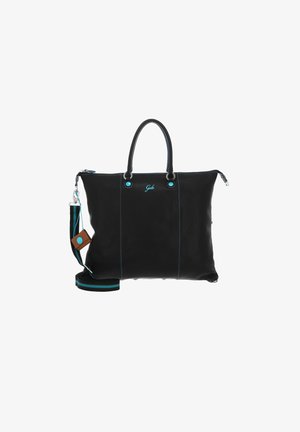 Sac fourre-tout en cuir noir avec accents turquoise, poignées doubles et bandoulière réglable. Comprend une fermeture zippée et un logo sur le devant.