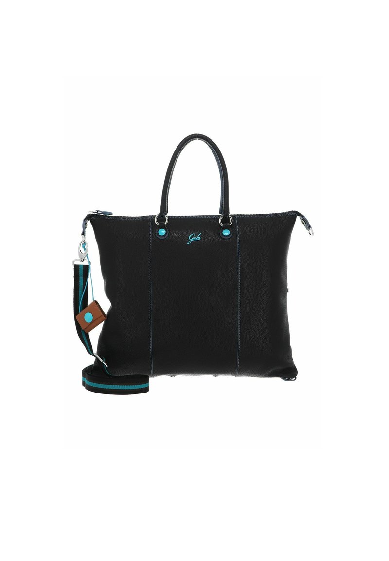 Borsa tote in pelle nera con accenti turchesi, doppie maniglie e tracolla regolabile. Presenta una chiusura con zip e logo sulla parte anteriore.