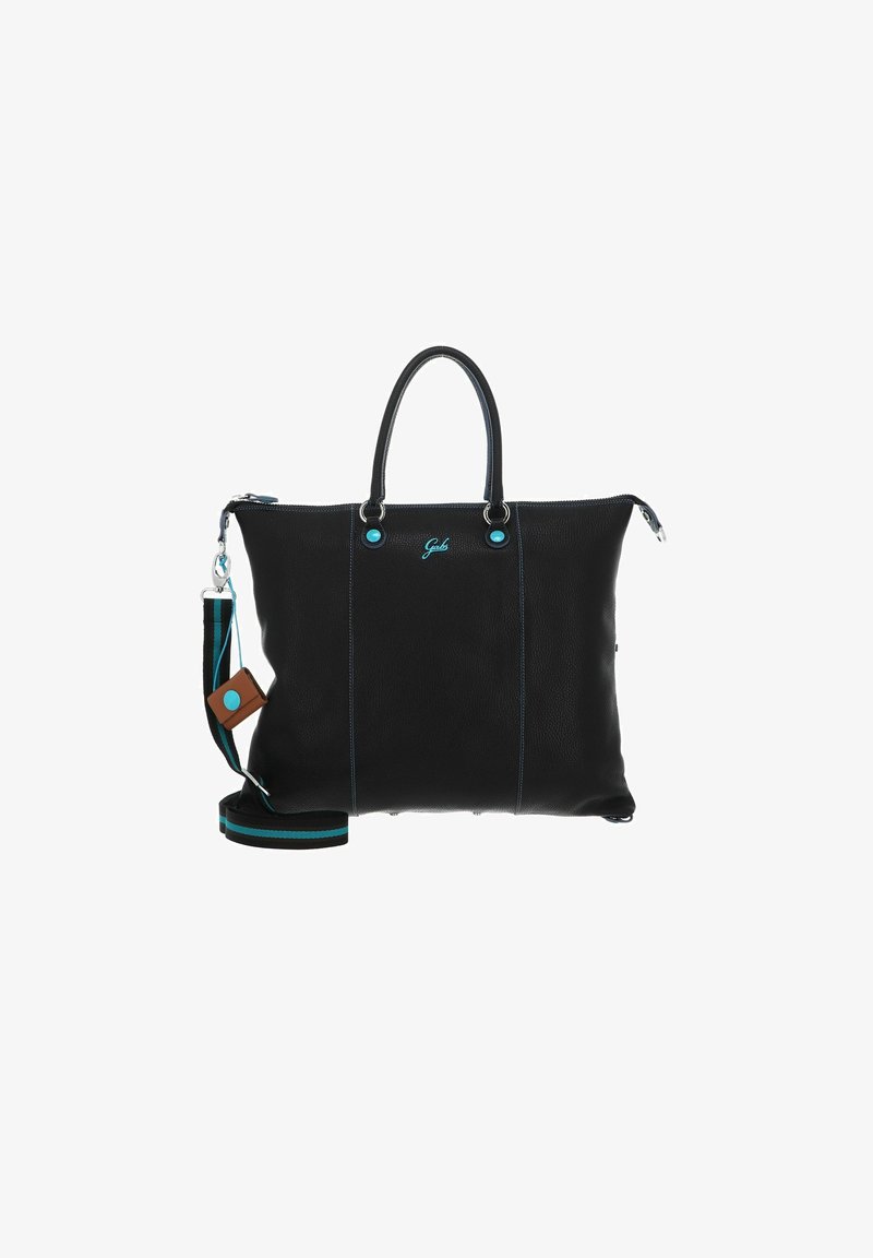 Sac fourre-tout en cuir noir avec accents turquoise, poignées doubles et bandoulière réglable. Comprend une fermeture zippée et un logo sur le devant.
