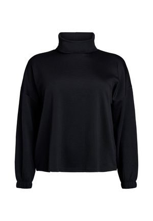 Svart sweatshirt med hög hals, långa ärmar och elastiska muddar. Tillverkad av mjukt tyg med en avslappnad passform och sömlös design.