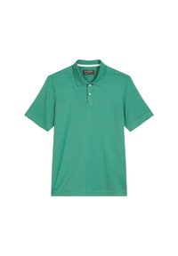 Zielona bawełniana koszulka polo z klasycznym kołnierzykiem, krótkimi rękawami i trzema guzikami z przodu. Miękka tekstura i prosty design.