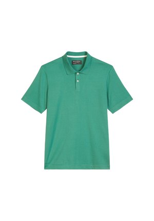 Grünes Baumwoll-Polohemd mit klassischem Kragen, kurzen Ärmeln und drei Knöpfen an der Vorderseite. Weicher Stoff und einfaches Design.