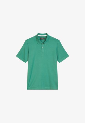 Groene katoenen poloshirt met een klassieke kraag, korte mouwen en drie knoppen aan de voorkant. Zachte textuur en eenvoudig ontwerp.