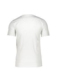 Maglia sportiva bianca a maniche corte realizzata in tessuto testurizzato, con scollo rotondo, cuciture lisce e design aderente. Visibile la parte posteriore.