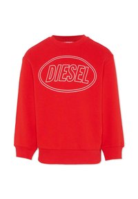 Czerwona bluza z bawełny z prążkowanym okrągłym dekoltem i mankietami. Na przodzie znajduje się biały owalny logotyp z napisem "DIESEL" w pogrubionej czcionce.