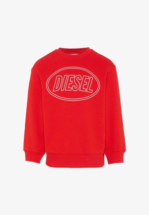 Felpa rossa in cotone con collo e polsini a costine. Presenta un logo ovale bianco con la scritta "DIESEL" in caratteri audaci.