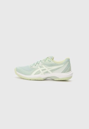 Light green athletic shoes made of mesh and synthetic materials, with a textured upper, white sole, and prominent logo detailing.