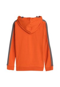 Oranje hoodie met grijze zijstrepen, gemaakt van zachte stof. Heeft een kangoeroezak en ribgebreide manchetten aan de mouwen en onderkant.