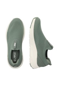 Green mesh slip-on sneakers with a padded collar, white rubber sole, and elasticized sides for stretch and comfort.