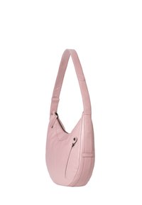 Borsa a spalla in pelle rosa con una texture liscia, design curvo, tracolla regolabile e dettaglio con tasca con zip sul lato.