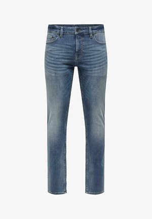 Niebieskie dżinsy z klasycznym pięciopakowym wzorem, z zamkiem błyskawicznym, szlufkami na pasek i prostym krojem nogawki. Lekko wypłowiały wykończenie.