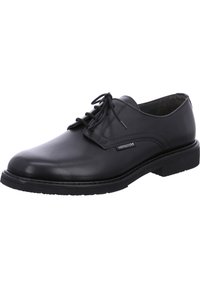 Chaussure noire en cuir à lacets avec un bout arrondi, une texture lisse, des détails de couture subtils et une semelle en caoutchouc basse pour la stabilité.