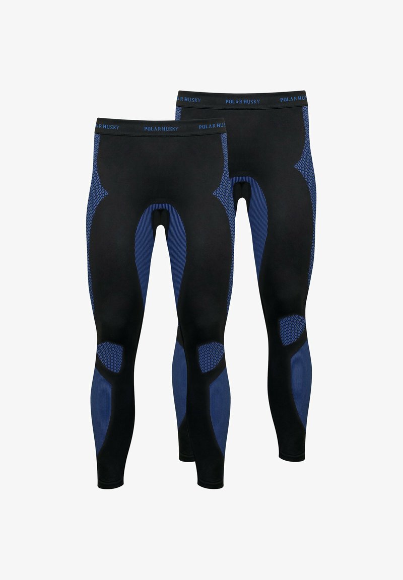 Schwarze Leggings mit blauen Akzenten, mit strukturierten Seitenpaneelen und Knieverstärkung. Hergestellt aus einem dehnbaren, atmungsaktiven Material.