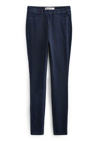 Jeans slim fit bleu foncé avec une texture lisse, dotés de poches avant et d'une ceinture. Sans embellissements ni matériel visible.