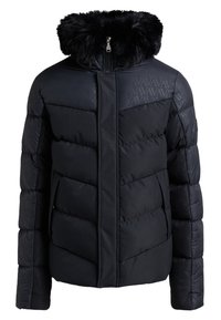 Svart pufferjakke med hette av faux pels, med glidelås, horisontal quiltet design og sidelommer. Teksturen ser jevn ut.