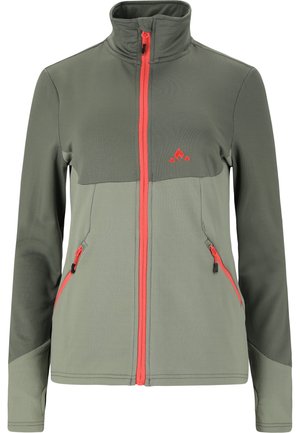 Groene ritssluiting jas met een lichter groene bovensectie, oranje ritssluiting en accenten, en twee zijzakken met rits. Getextureerde stof.