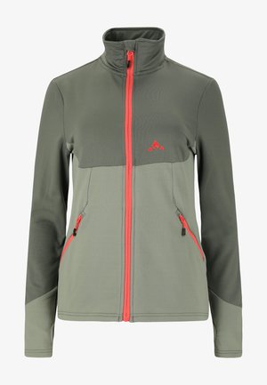 Grüne Zip-Jacke mit einem oberen Abschnitt in hellerem Grün, orangefarbenem Reißverschluss und Akzenten sowie zwei seitlichen Taschen mit Reißverschluss. Strukturierter Stoff.