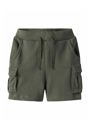 Pantaloni corti in cotone verde misto con vita elastica, coulisse, due tasche laterali e due tasche cargo sui lati. Tessuto morbido.