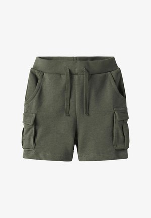 Groene katoenen blend shorts met een elastische tailleband, trekkoord, twee zijzakken en twee cargozakken aan de zijkanten. Zachte textuur.